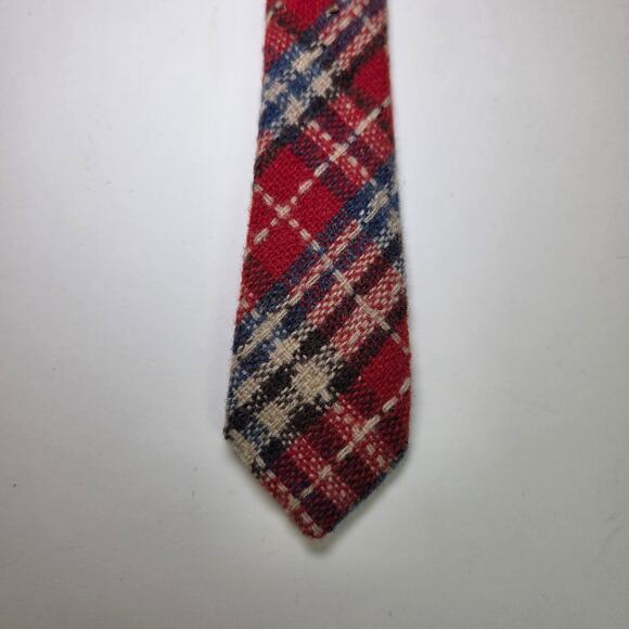 Vintage Kings Lynn Wool Plaid Tie Red Navy Cream Tartan 4” Wide 70s Preppy Style - Picture 5 of 8